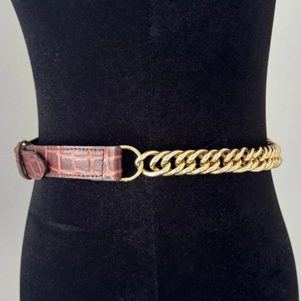 Vintage Italian Croc Embossed Leather Belt, Gold Chain Hardware